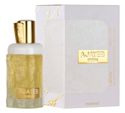 Ajayeb Dubai Portrait by Lattafa - 100ml unisex Eau de Parfum with a luxurious gold-accented bottle and matching white and gold box.