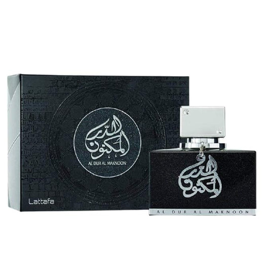 Lattafa Al Dur Al Maknoon Silver for Men EDP 100ml - Elegant black and silver perfume bottle with matching box design.