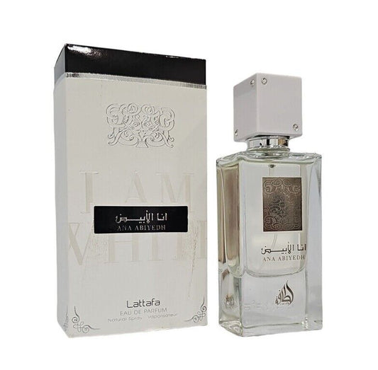 Ana Abiyedh Eau de Parfum by Lattafa - 60ml perfume bottle and matching white box with luxurious design.