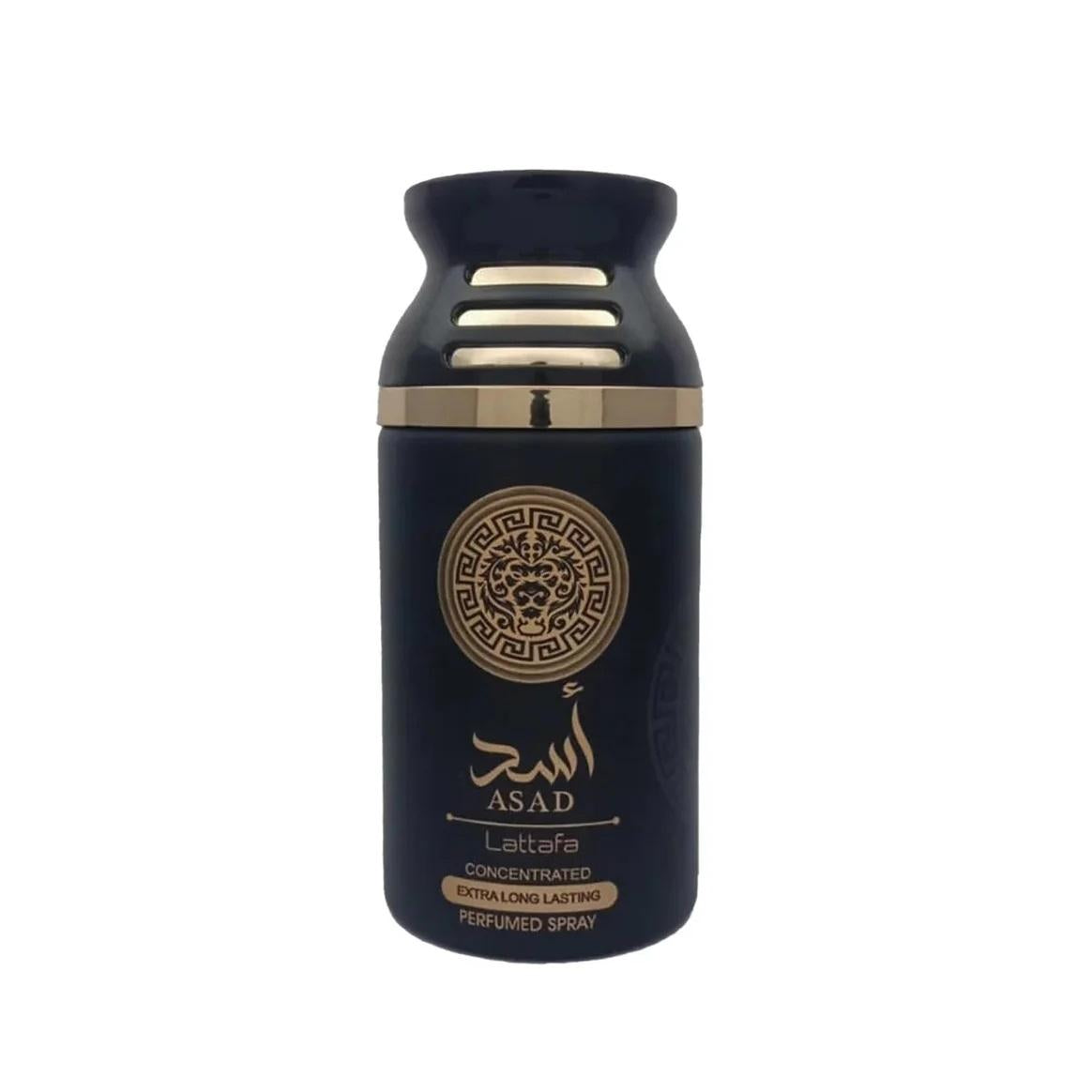 Lattafa Asad Deodorant Extra Long Lasting Spray 9 Oz, featuring a sleek black and gold design with a bold lion emblem, representing sophistication and enduring freshness for men.
