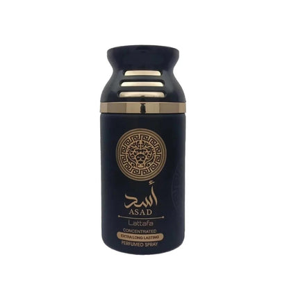 Lattafa Asad Deodorant Extra Long Lasting Spray 9 Oz, featuring a sleek black and gold design with a bold lion emblem, representing sophistication and enduring freshness for men.