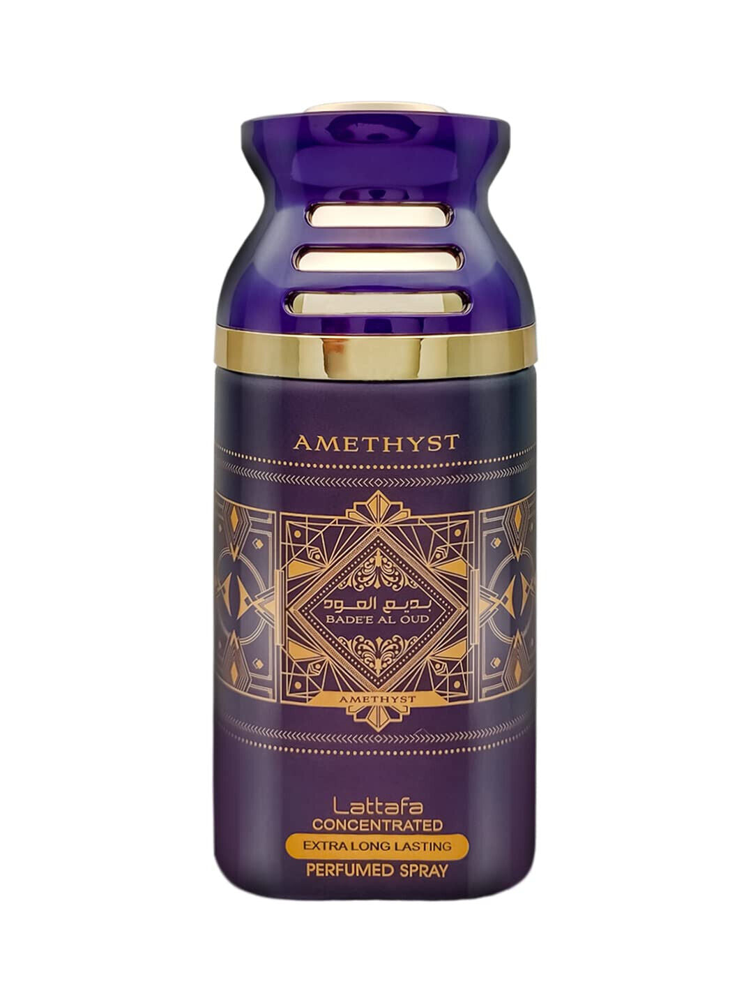 Lattafa Bade'e Al Oud Amethyst Body Spray 250ml, featuring an elegant purple and gold design with intricate oriental patterns, representing a luxurious and long-lasting unisex fragrance.