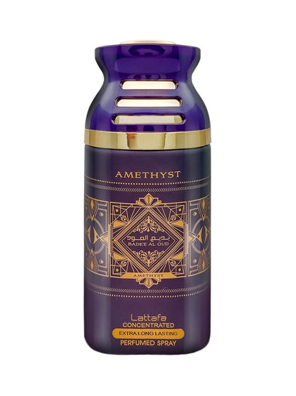 Lattafa Bade'e Al Oud Amethyst Body Spray 250ml, featuring an elegant purple and gold design with intricate oriental patterns, representing a luxurious and long-lasting unisex fragrance.