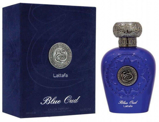 Lattafa Blue Oud Eau de Parfum - 100ml unisex fragrance in a striking royal blue bottle with silver accents, paired with an elegant matching box.