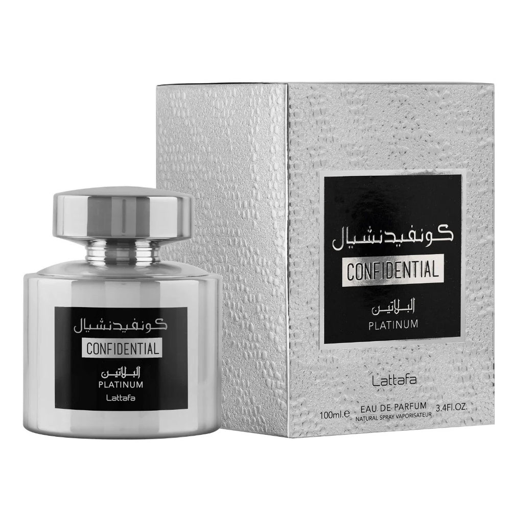 Confidential Platinum Eau De Parfum by Lattafa – 100ML unisex fragrance with an elegant silver bottle and textured metallic packaging for a premium feel.