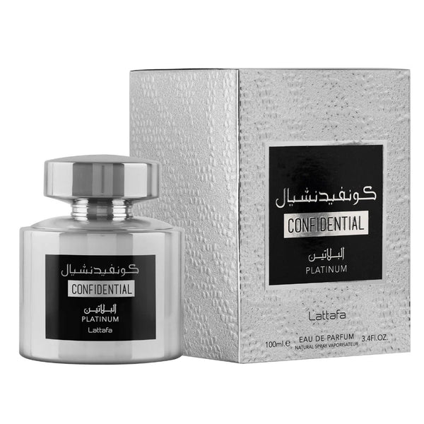 Confidential Platinum Eau De Parfum by Lattafa – 100ML unisex fragrance with an elegant silver bottle and textured metallic packaging for a premium feel.