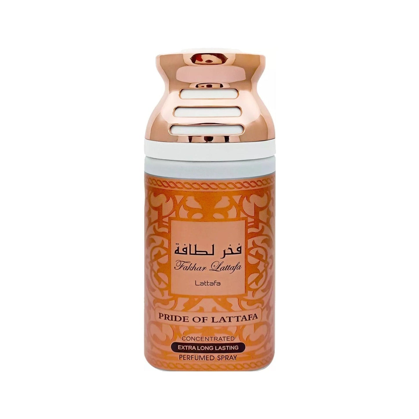 Lattafa Fakhar Pink Pride Concentrated Extra Long-Lasting Perfumed Spray for Women, featuring an elegant rose gold and orange design, 9 Oz.