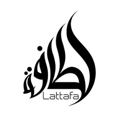 Black and white logo of Lattafa, featuring an elegant flame-inspired design with Arabic calligraphy and the word "Lattafa" written in English.