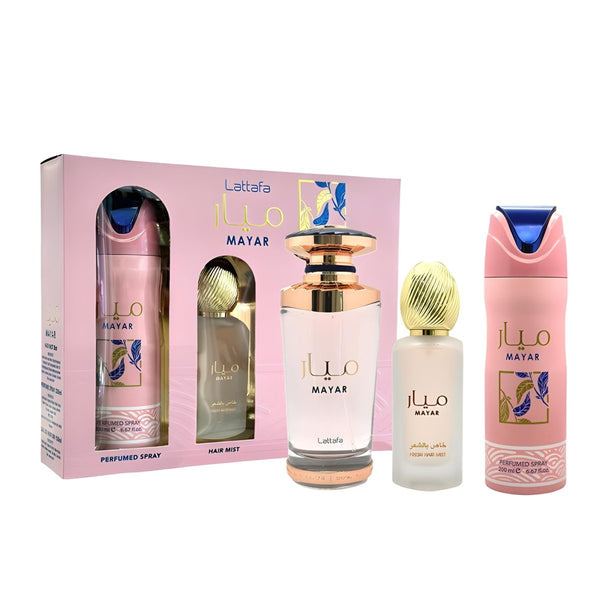Lattafa Mayar Ladies Gift Set – Includes Eau de Parfum, Hair Mist, and Deodorant Spray in elegant pink and gold packaging.