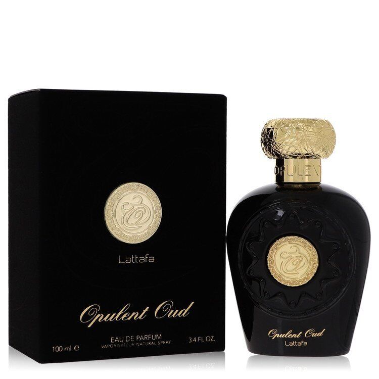 Lattafa Opulent Oud Eau de Parfum - 100ml unisex fragrance in an elegant black and gold bottle with matching luxurious packaging.