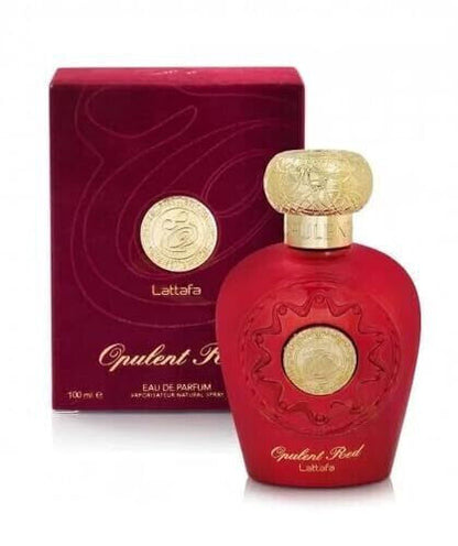 Lattafa Opulent Red Eau de Parfum - 100ml unisex fragrance in an elegant red bottle with gold accents, paired with matching luxurious packaging."