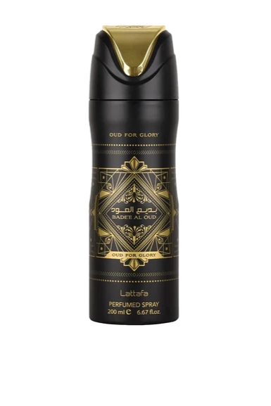 Lattafa Oud For Glory Bade'e Al Oud Body Spray in a sleek black and gold 200ml bottle, featuring intricate Arabian-inspired design elements, perfect for showcasing its luxurious and oriental fragrance.