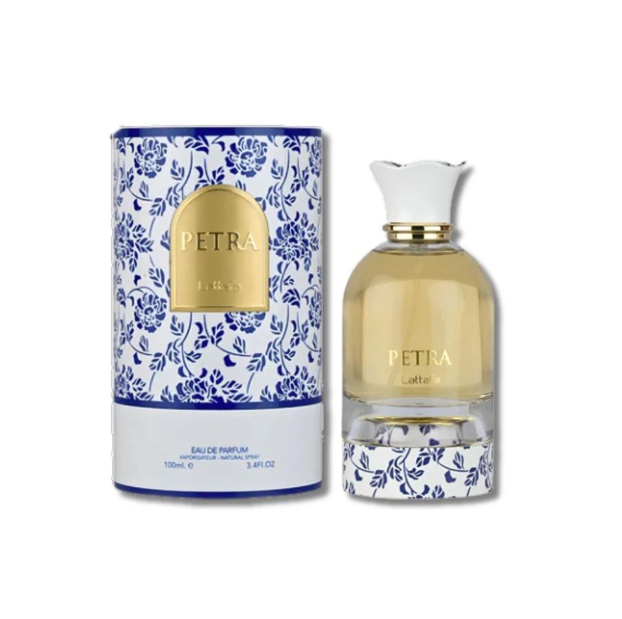 Lattafa Petra 100ml Eau de Parfum – Mediterranean-inspired packaging with blue floral design and gold accents