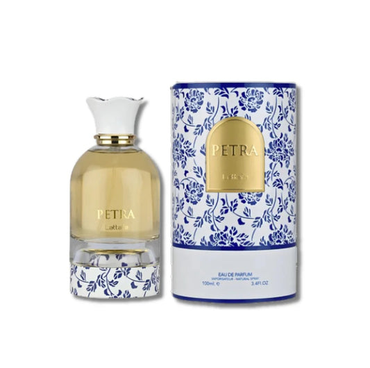 Lattafa Petra Eau de Parfum – floral blue and white box with elegant gold-capped perfume bottle, 3.4 FL OZ