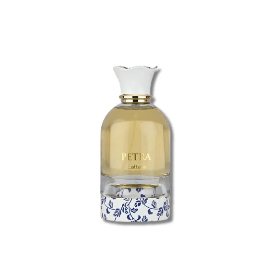 Lattafa Petra Perfume – clear bottle with white floral print base and gold label, elegant unisex scent