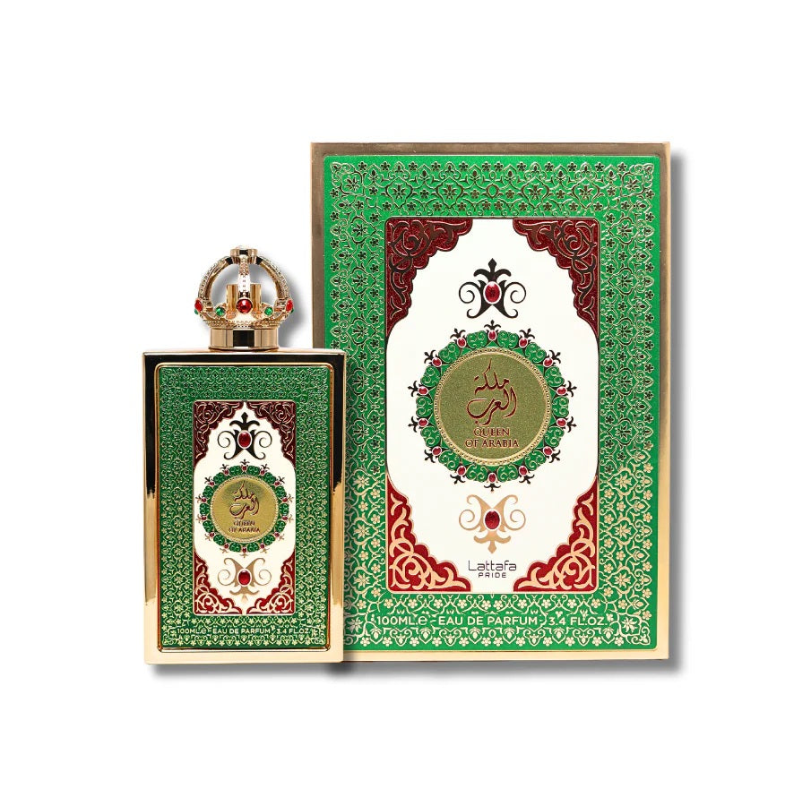 Lattafa Queen of Arabia Perfume – matching decorative green and gold bottle and box design, 3.4 FL OZ