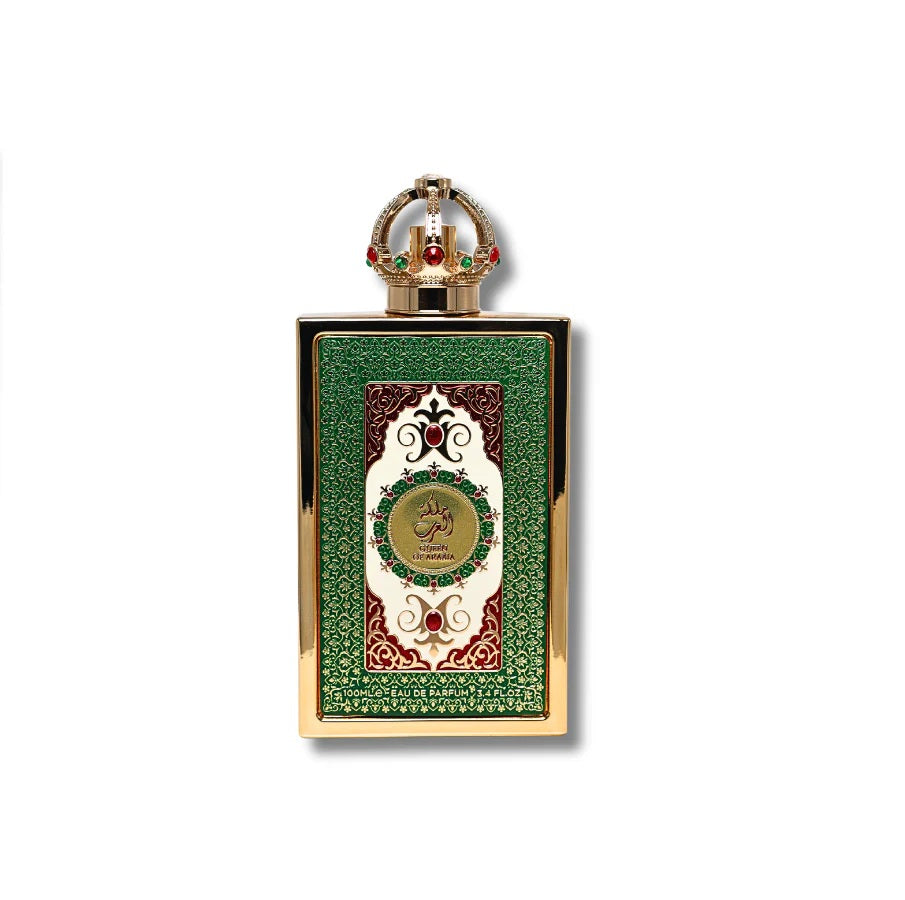 Lattafa Queen of Arabia Eau de Parfum – green and gold regal bottle with jeweled crown-shaped cap, 100ml