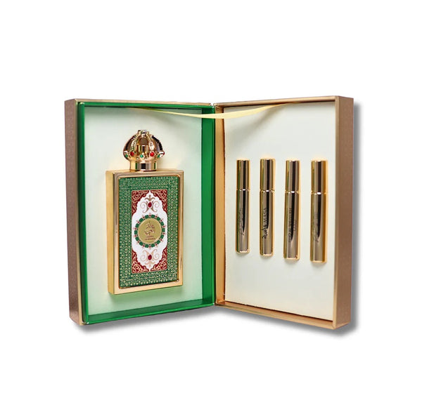 Lattafa Queen of Arabia Perfume Gift Set – ornate bottle with gold crown cap and four travel atomizers in luxury box