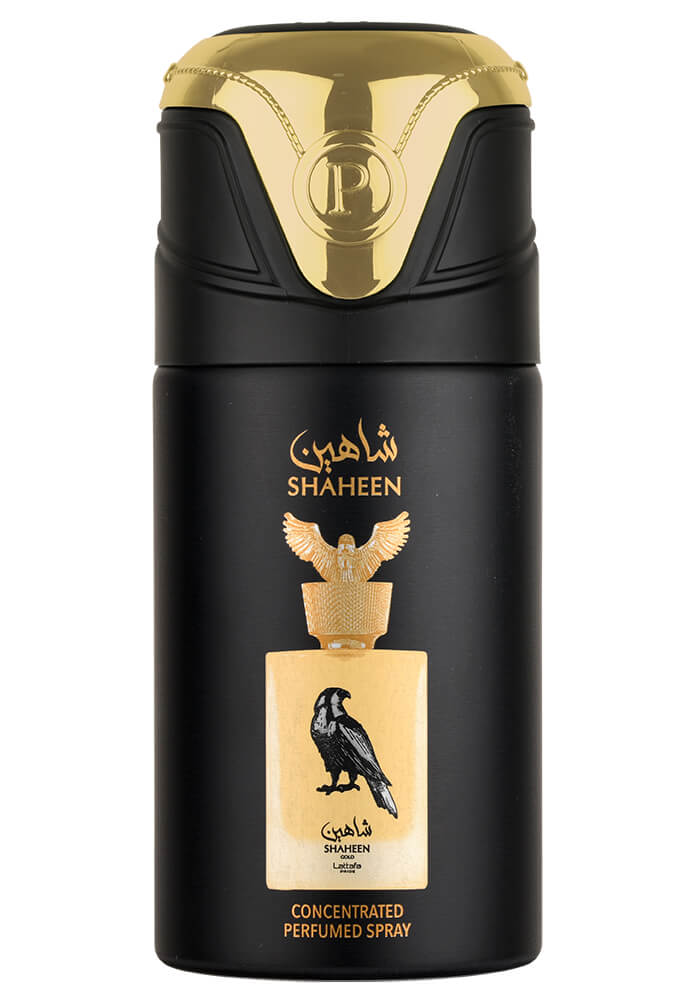 Shaheen Deodorant Body Spray 250ml by Lattafa, featuring a sleek black and gold design with an eagle emblem and bold typography, representing luxury and long-lasting freshness.