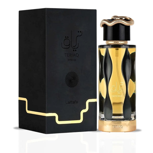 Lattafa Teriaq Intense perfume with elegant black and gold box – unisex Arabian fragrance with bold packaging design.