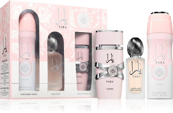 Lattafa Yara 3-Piece Gift Set for Women – Includes Eau de Parfum, Hair Mist, and Deodorant Spray in an elegant pink and silver packaging.