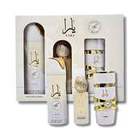 Lattafa Yara Moi Collection 3-Piece Gift Set – Includes Eau de Parfum, Hair Mist, and Deodorant Spray in elegant white and gold packaging.