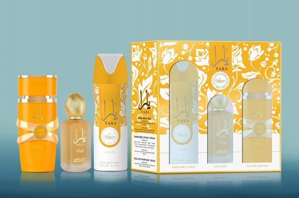 Lattafa Yara Tous 3-Piece Gift Set – Includes Eau de Parfum, Hair Mist, and Deodorant Spray in vibrant orange and gold packaging.