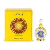Layali concentrated perfume oil by Swiss Arabian displayed with its vibrant yellow packaging and intricately designed floral-themed bottle.