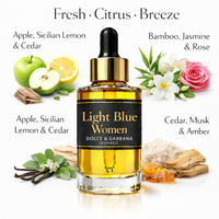 Light Blue Women Dolce & Gabbana Inspired fragrance oil – Fresh Citrus Breeze scent with apple, Sicilian lemon, jasmine and musk on white background