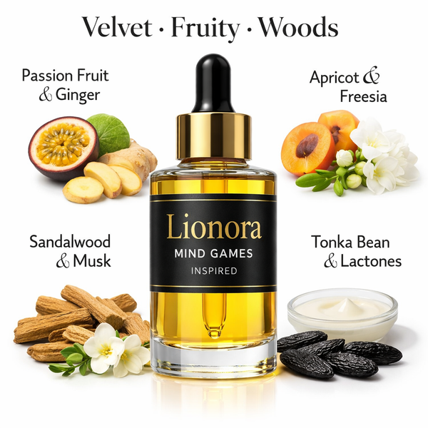 Lionora Mind Games Inspired fragrance oil – Velvet Fruity Woods scent with passion fruit, apricot, sandalwood and tonka bean notes on white background