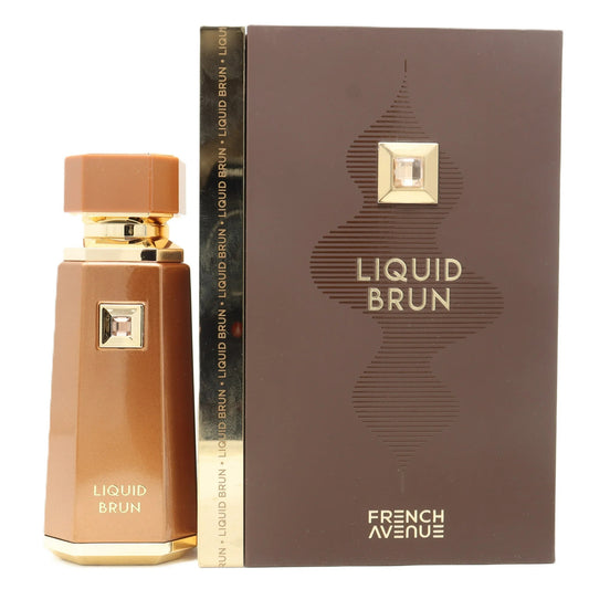 Liquid Brun French Avenue perfume bottle alongside its luxurious packaging, showcasing its elegant design.