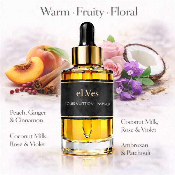 Louis Vuitton eLVes Inspired fragrance oil – Warm Fruity Floral scent with peach, coconut milk, rose and patchouli on white background