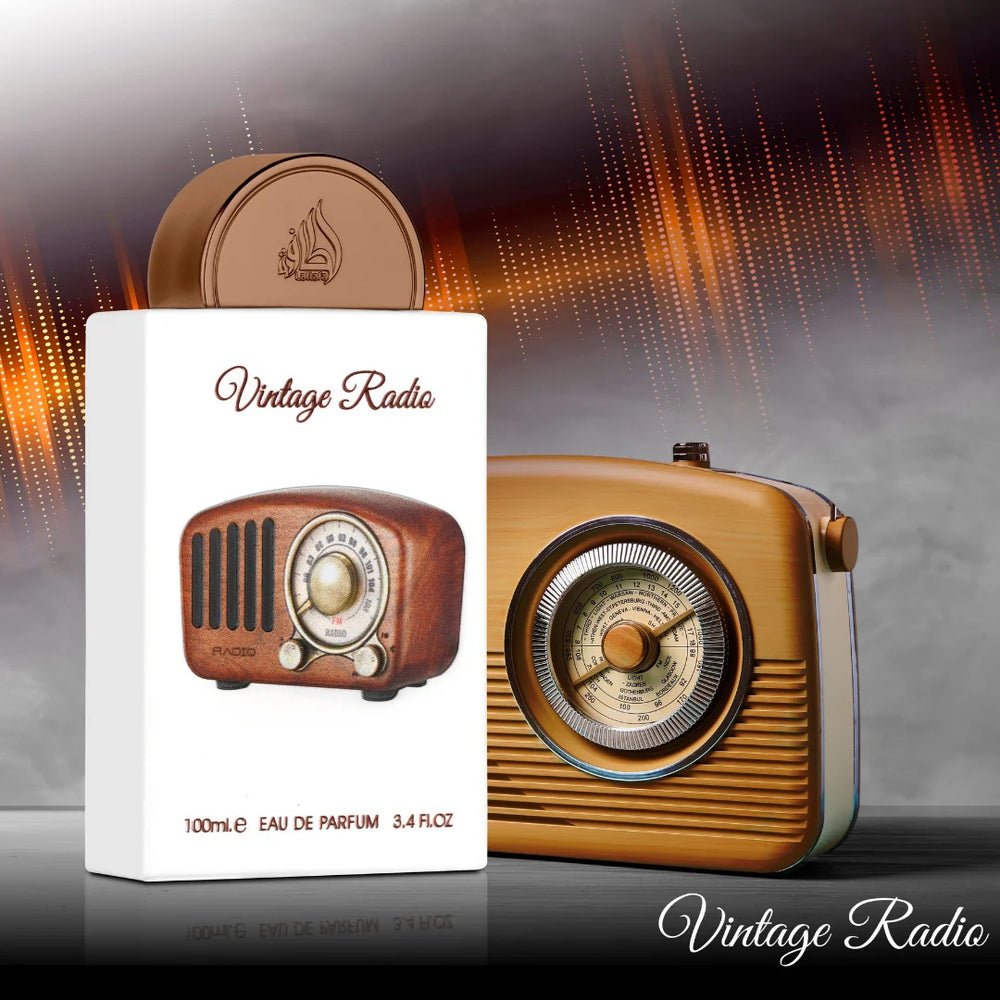Lattafa Pride Vintage Radio EDP 100mL with premium packaging, featuring a stylish brown and gold box for a luxurious fragrance experience.