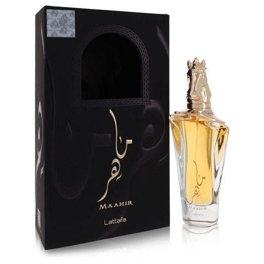 Maahir Eau De Parfum by Lattafa, featuring an elegant horse-head gold bottle with luxurious black packaging, 100ML unisex fragrance.