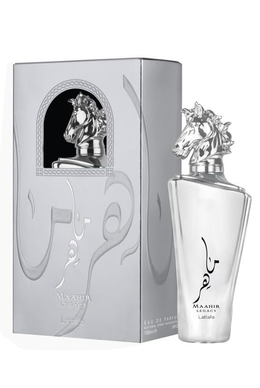 Maahir Legacy Eau de Parfum 100ml by Lattafa, featuring an elegant silver bottle with a horse-head cap and matching silver packaging.