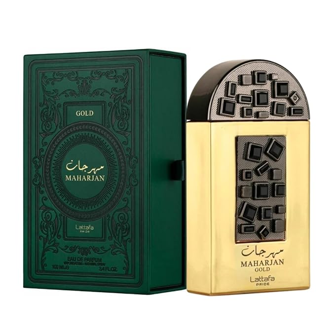 Maharjan Gold Eau De Parfum 100ml by Lattafa Pride, showcasing the luxurious gold bottle with intricate black design and matching green box.