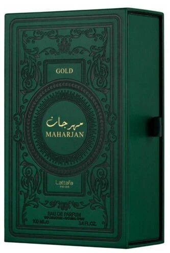 Maharjan Gold Eau De Parfum by Lattafa Pride featuring an elegant dark green box with gold detailing.