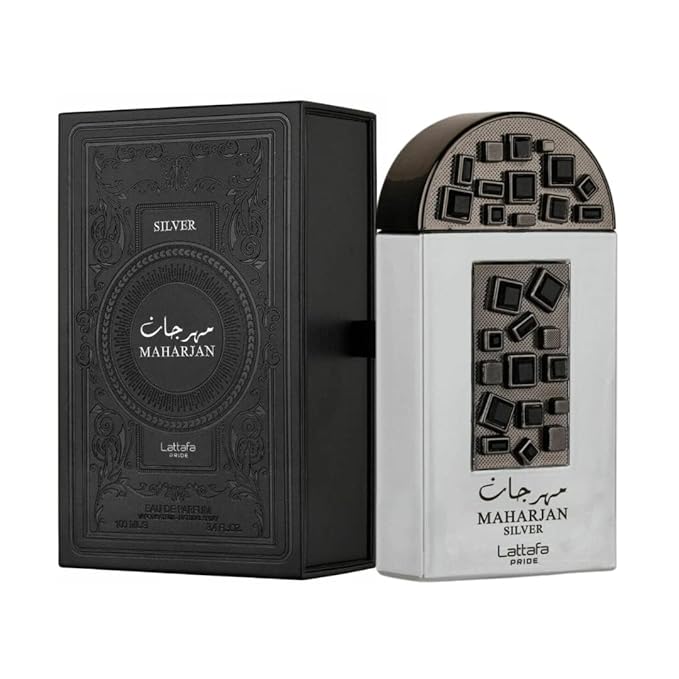 Maharjan Silver EDP 100ML by Lattafa Pride – Elegant black packaging with silver perfume bottle featuring geometric design.