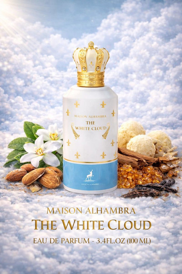 Close-up of Maison Alhambra The White Cloud Eau de Parfum featuring creamy vanilla, almond, and warm gourmand note imagery.