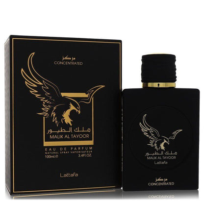 Malik Al Tayoor by Lattafa Eau de Parfum 100ml bottle with its matching black and gold box packaging.