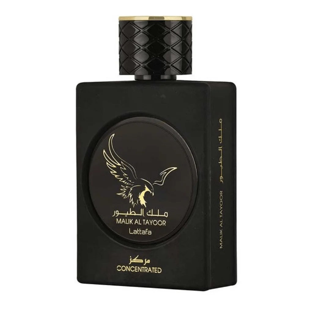 Malik Al Tayoor by Lattafa perfume bottle with a sleek black design and gold eagle detailing.