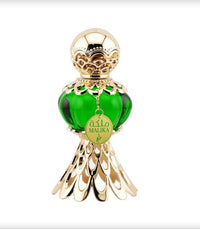 Malika Perfume Oil by Khadlaj – Luxurious green glass bottle with ornate gold cap and detailing