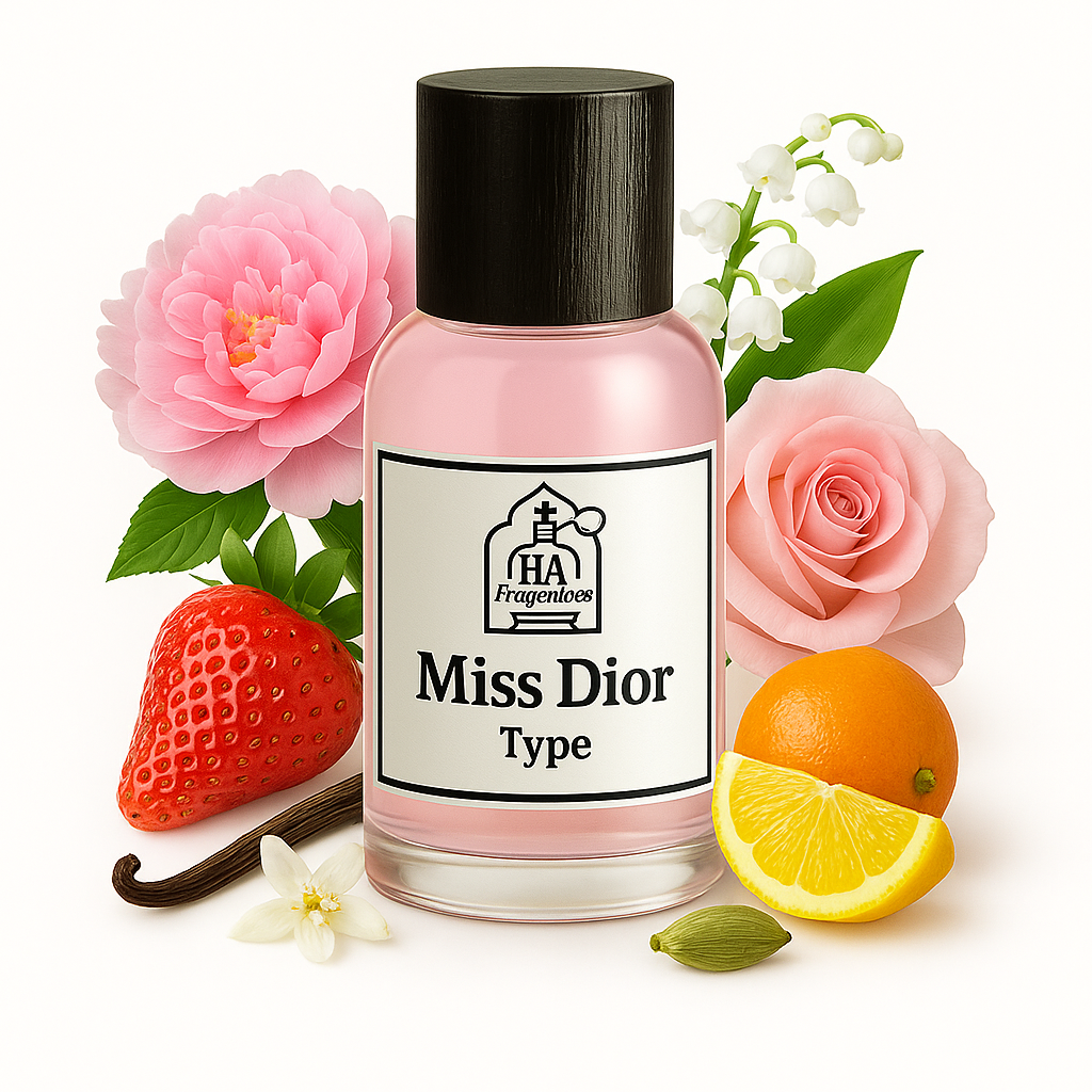 Miss Dior Type perfume oil by HA Fragrances in a clear bottle with soft pink liquid, surrounded by pink rose petals, peonies, vanilla bean, citrus slices, and white florals on a white background.