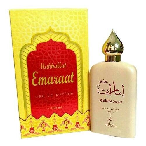 Mukhallat Emaraat Eau de Parfum by Khadlaj, 100ml, featuring a golden dome-shaped bottle and vibrant yellow and red Arabic-inspired packaging.