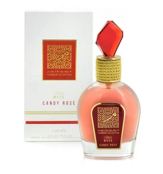 Thameen Collection Musk Candy Rose Eau de Parfum by Lattafa, showcasing the elegant pink bottle with gold details and its white and red packaging, 100ML fragrance.