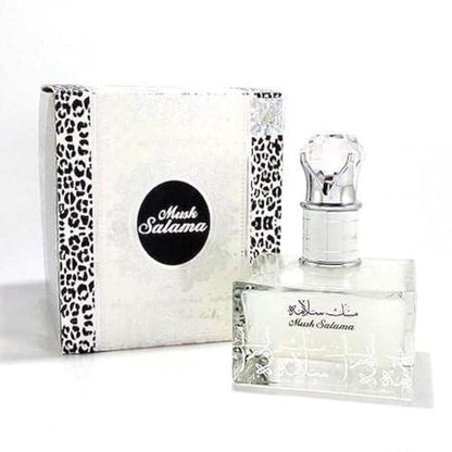 Musk Salama Eau de Parfum by Lattafa, featuring an elegant clear glass perfume bottle and luxurious white packaging with black accents, 100ML unisex fragrance.