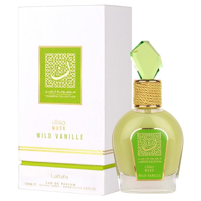 Thameen Collection Musk Wild Vanille by Lattafa, showcasing a luxurious green perfume bottle with matching white and gold packaging, 100ML Eau de Parfum.