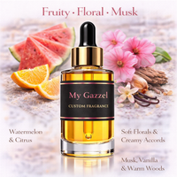 My Gazzel custom fragrance oil – Fruity Floral Musk scent with watermelon, citrus, florals, vanilla and warm woods on white background