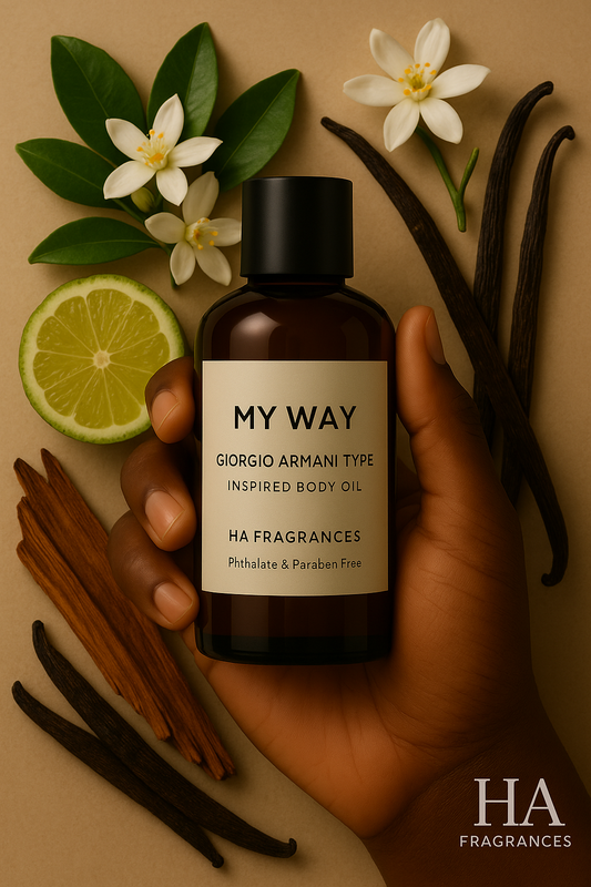 Dark-skinned hand holding HA Fragrances "MY WAY" Giorgio Armani Type Body Oil bottle, surrounded by lime slices, vanilla pods, jasmine flowers, and sandalwood on beige background – feminine floral vanilla fragrance