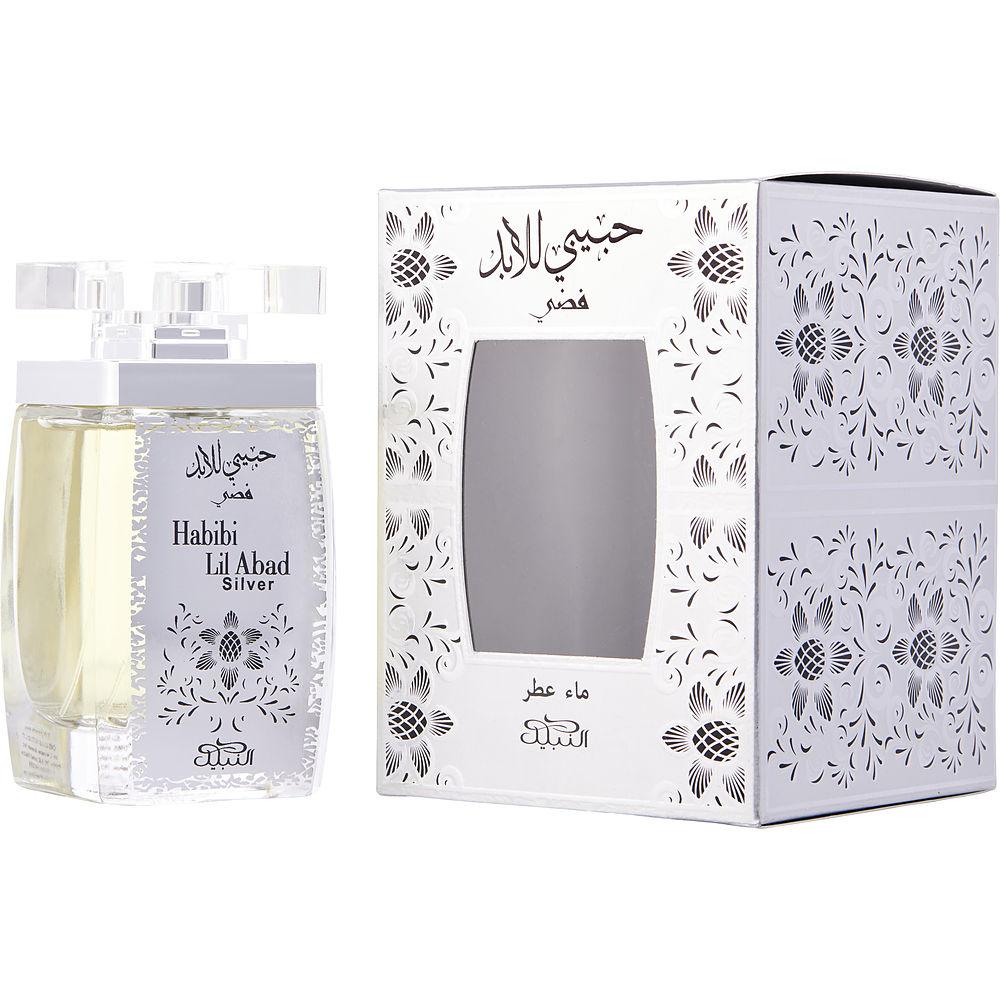 Nabeel Habibi Lil Abad Silver Eau De Parfum, featuring an elegant clear bottle with a silver label and intricate white floral packaging, 100ML unisex fragrance.